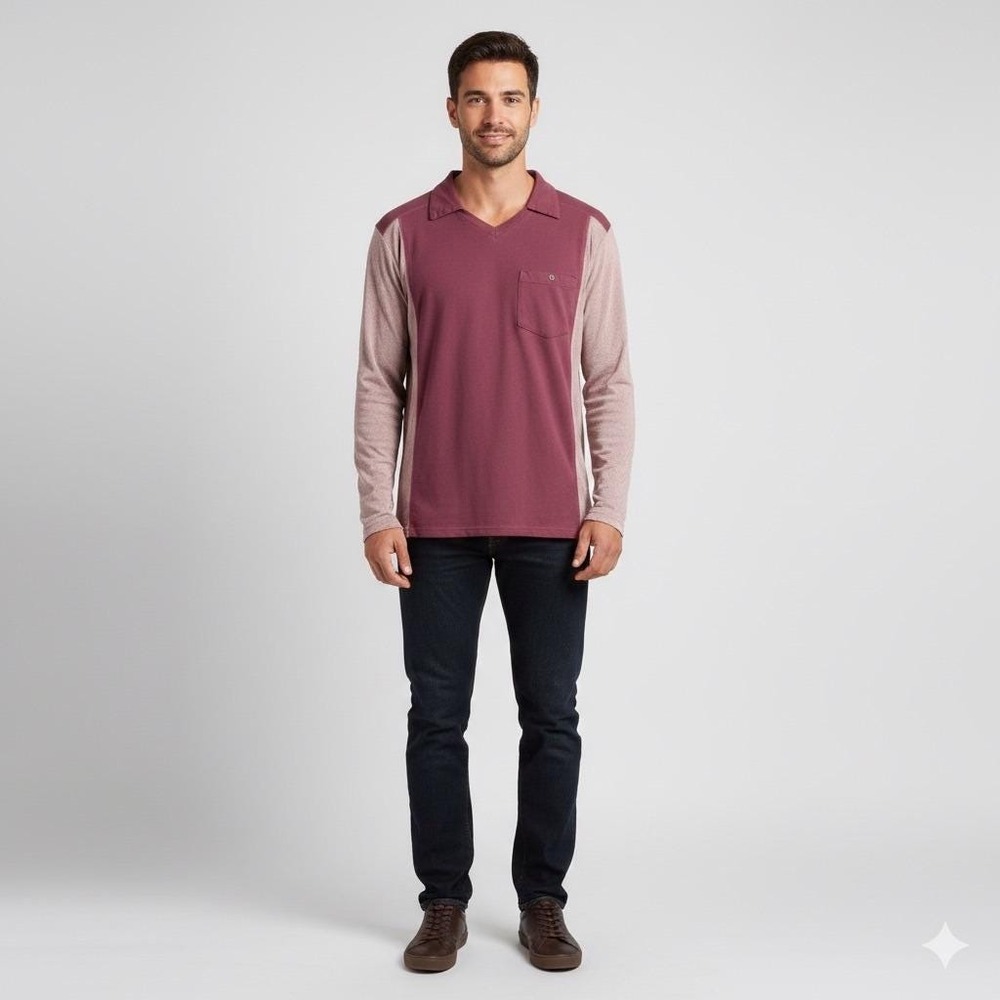 Haband V Neck Polo Shirt Mens Large Burgundy Long Sleeve Striped Vintage Collar